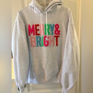 Multicolor 'MERRY & BRIGHT' Chenille Lettering Hoodie Hanes Grey Crewneck, Large